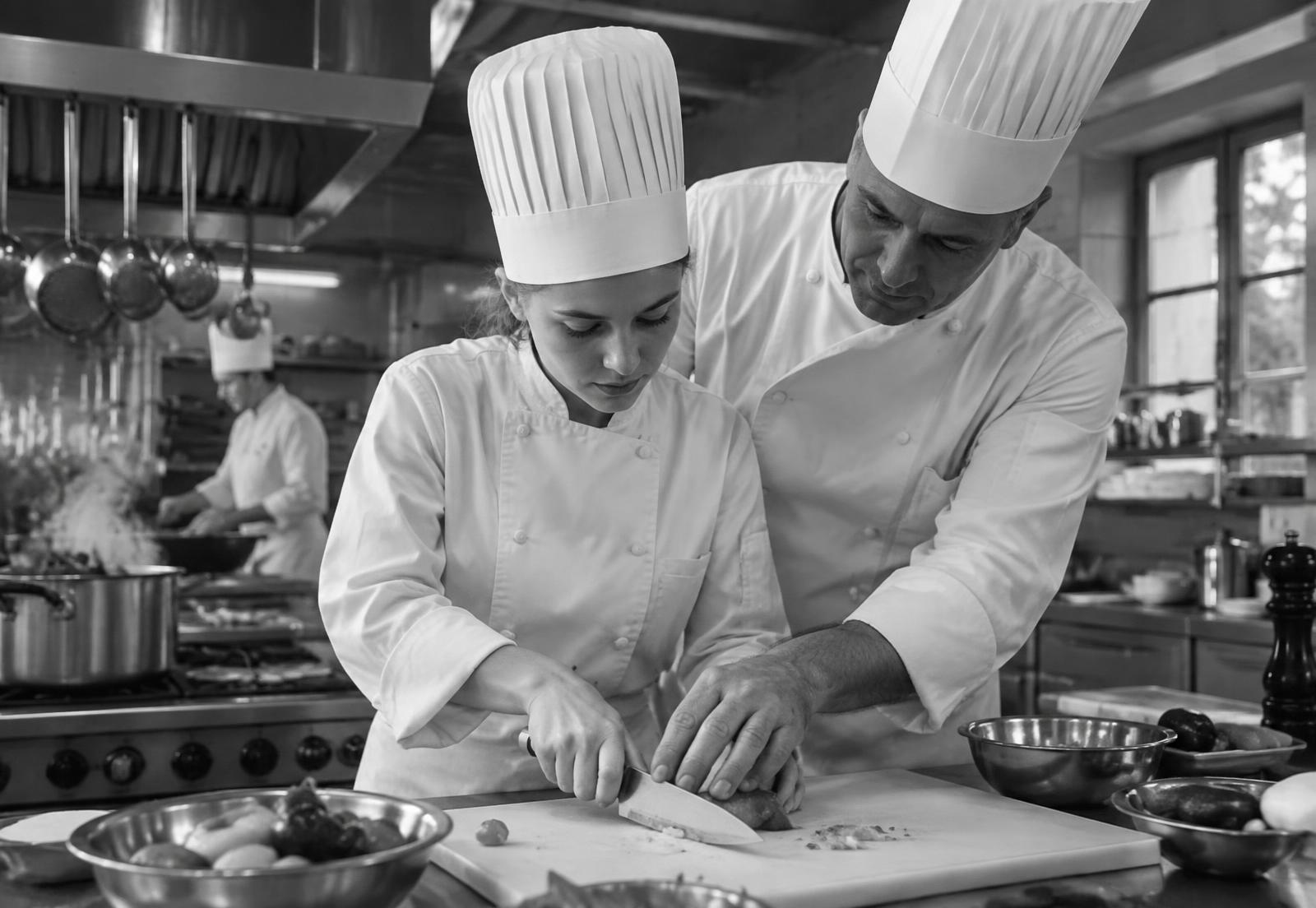 A chef instructor guiding a trainee's knife work in a commercial kitchen